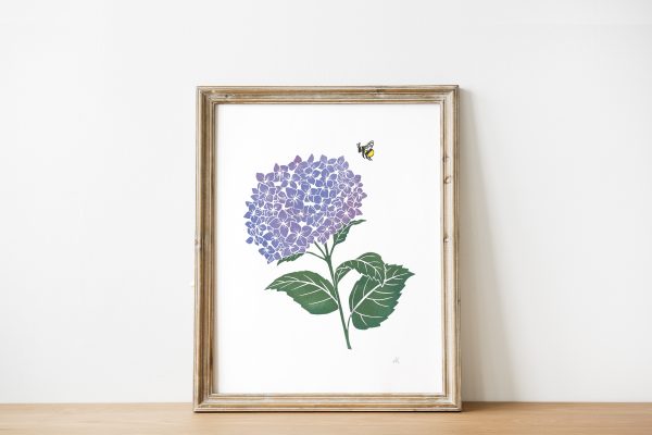 Harriette Rymer - Lilac Hydrangeas Lino Print with Bumblebee in wooden frame